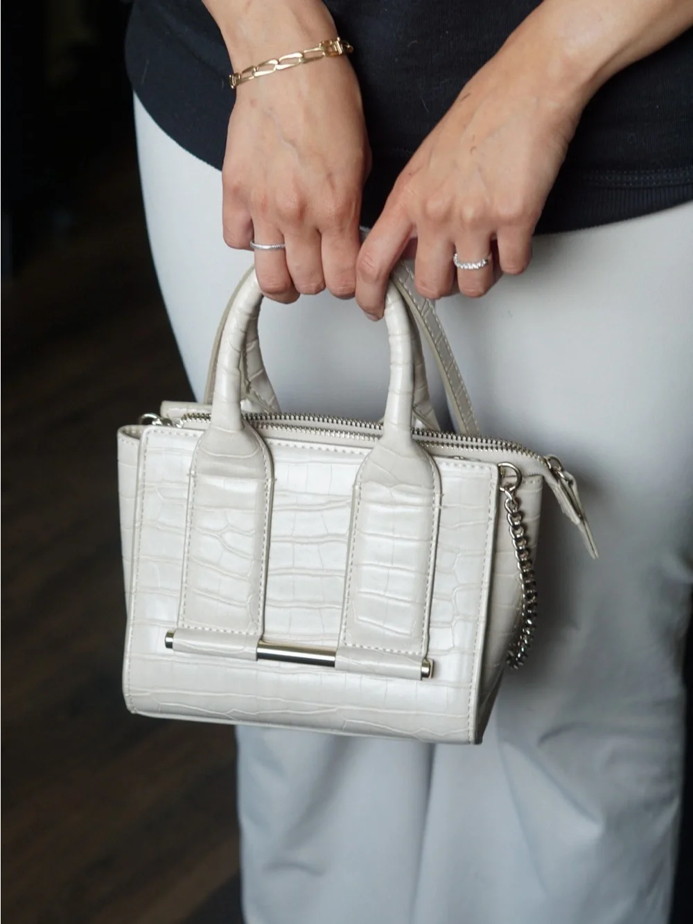 ZARA Croc-Embossed Mini Satchel in Cream with Chain Strap